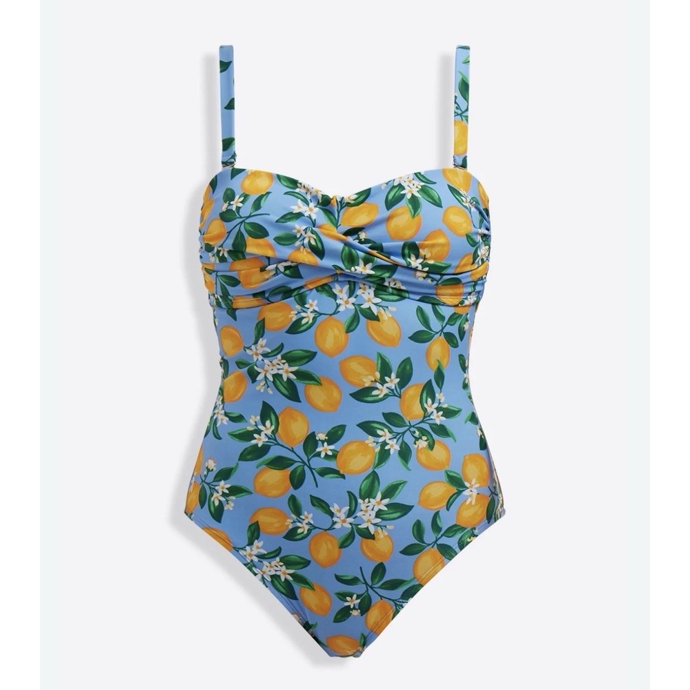 Draper James Twist Front Bandeau One-Piece Swimsuit Lemon Blue Medium NWT